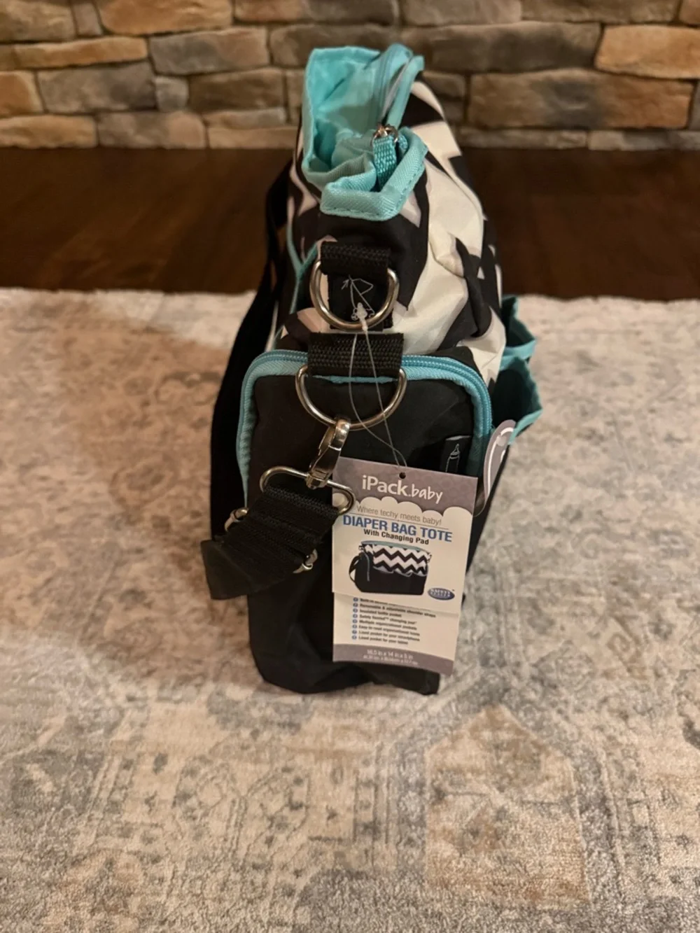 Chevron Baby Bag Organizer Tote in Black, White & Aqua